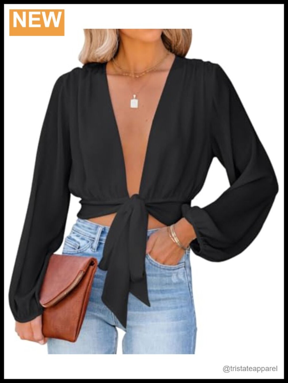 Women's Deep V Neck Wrap Crop Top Long Puff Sleeve Tie Front Blouse
